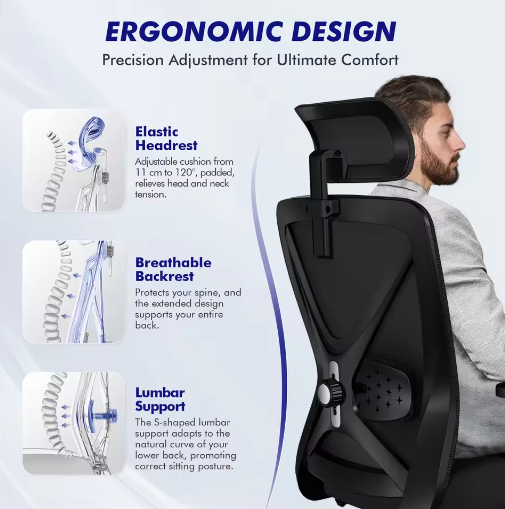 Ergonomische Mesh Bureaustoel met Verstelbare Rugleuning en Dynamische Lendensteun – Draaibare Computerstoel voor Thuis en Kantoor