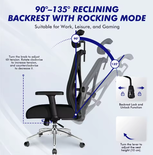 Ergonomische Mesh Bureaustoel met Verstelbare Rugleuning en Dynamische Lendensteun – Draaibare Computerstoel voor Thuis en Kantoor
