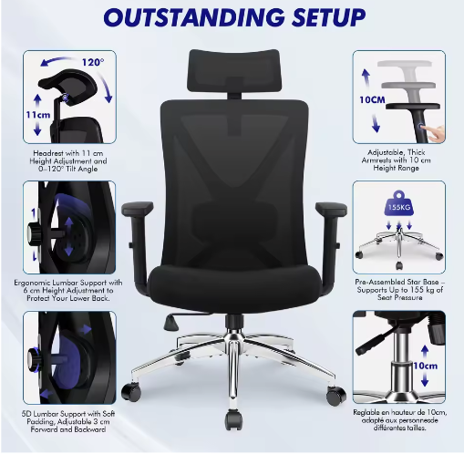 Ergonomische Mesh Bureaustoel met Verstelbare Rugleuning en Dynamische Lendensteun – Draaibare Computerstoel voor Thuis en Kantoor