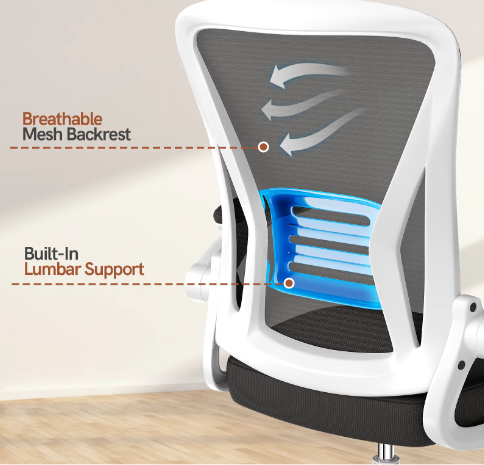 Ergonomische Mesh Bureaustoel met Opklapbare Armleuningen en Lendensteun – Verstelbare 360° Draaistoel voor Thuis en Kantoor