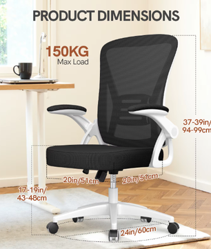 Ergonomische Mesh Bureaustoel met Opklapbare Armleuningen en Lendensteun – Verstelbare 360° Draaistoel voor Thuis en Kantoor