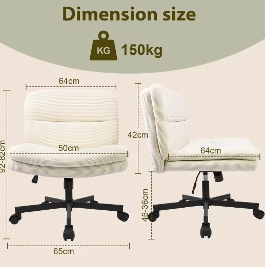 Armloze Ergonomische Bureaustoel met Stoffen Bekleding en Gekruiste Poten – In Hoogte Verstelbare Kaptafelstoel voor Thuis en Werk