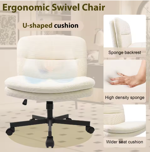 Armloze Ergonomische Bureaustoel met Stoffen Bekleding en Gekruiste Poten – In Hoogte Verstelbare Kaptafelstoel voor Thuis en Werk