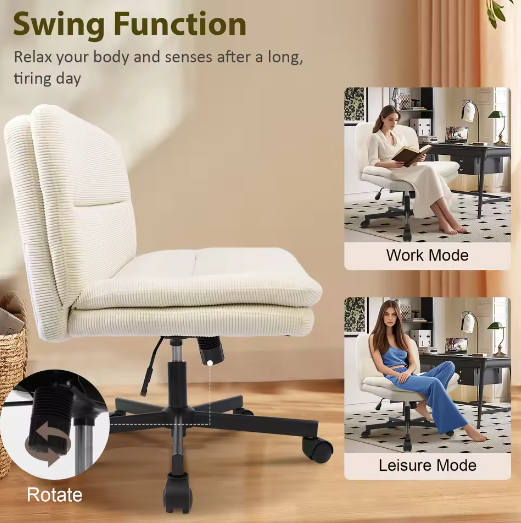 Armloze Ergonomische Bureaustoel met Stoffen Bekleding en Gekruiste Poten – In Hoogte Verstelbare Kaptafelstoel voor Thuis en Werk