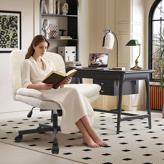 Armloze Ergonomische Bureaustoel met Stoffen Bekleding en Gekruiste Poten – In Hoogte Verstelbare Kaptafelstoel voor Thuis en Werk