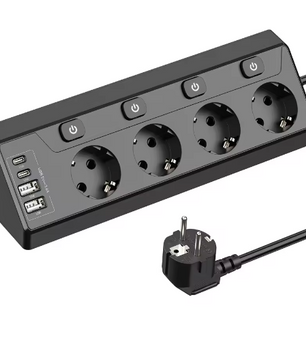 Stekkerdoos met Individuele Schakelaars en USB-A enamp; USB-C – 4 Stopcontacten met 2 m Verlengsnoer voor Bureau en Thuis