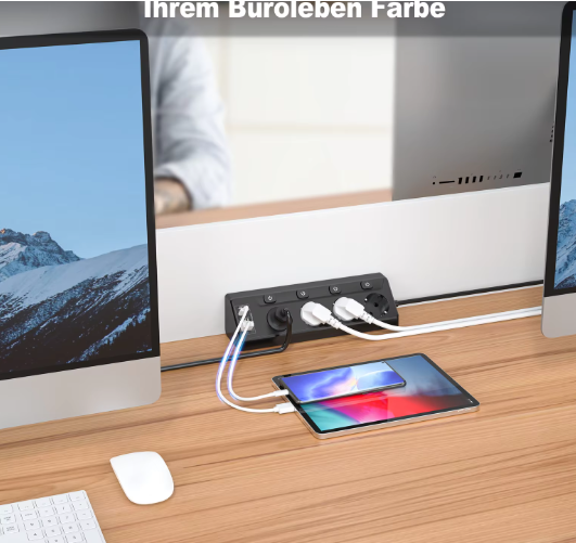 Hoek Stekkerdoos met 4 Stopcontacten en USB-A &amp; USB-C – 2 m Verlengsnoer met Schakelaars voor Thuis en Kantoor