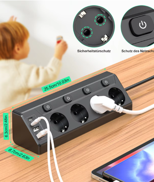 Hoek Stekkerdoos met 4 Stopcontacten en USB-A &amp; USB-C – 2 m Verlengsnoer met Schakelaars voor Thuis en Kantoor