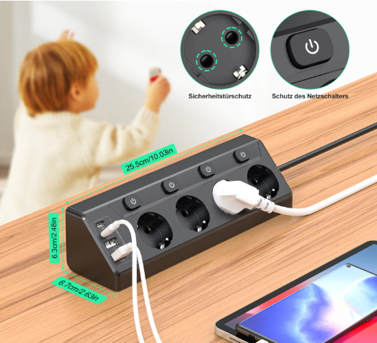 Hoek Stekkerdoos met 4 Stopcontacten en USB-A &amp; USB-C – 2 m Verlengsnoer met Schakelaars voor Thuis en Kantoor
