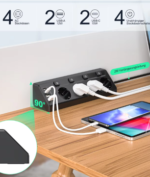 Hoek Stekkerdoos met 4 Stopcontacten en USB-A &amp; USB-C – 2 m Verlengsnoer met Schakelaars voor Thuis en Kantoor