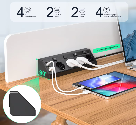 Hoek Stekkerdoos met 4 Stopcontacten en USB-A &amp; USB-C – 2 m Verlengsnoer met Schakelaars voor Thuis en Kantoor