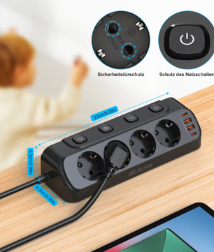 Stekkerdoos met Individuele Schakelaars en USB-A enamp; USB-C – 4 Stopcontacten met 2 m Verlengsnoer voor Bureau en Thuis