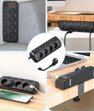 Stekkerdoos met Individuele Schakelaars en USB-A enamp; USB-C – 4 Stopcontacten met 2 m Verlengsnoer voor Bureau en Thuis