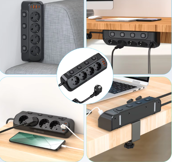 Stekkerdoos met Individuele Schakelaars en USB-A enamp; USB-C – 4 Stopcontacten met 2 m Verlengsnoer voor Bureau en Thuis