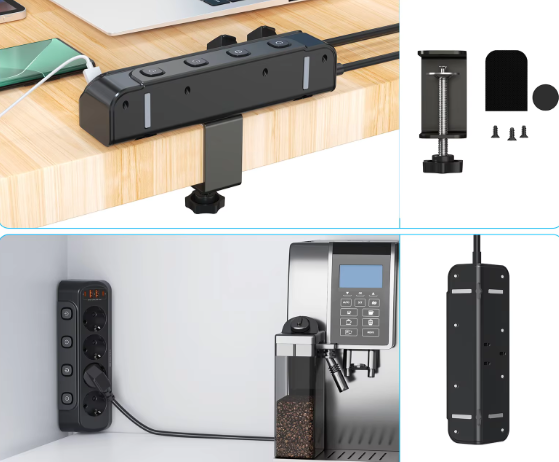 Stekkerdoos met Individuele Schakelaars en USB-A enamp; USB-C – 4 Stopcontacten met 2 m Verlengsnoer voor Bureau en Thuis