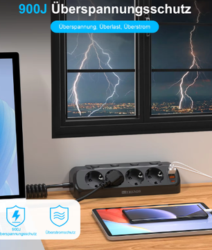Stekkerdoos met Individuele Schakelaars en USB-A enamp; USB-C – 4 Stopcontacten met 2 m Verlengsnoer voor Bureau en Thuis