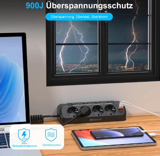 Stekkerdoos met Individuele Schakelaars en USB-A enamp; USB-C – 4 Stopcontacten met 2 m Verlengsnoer voor Bureau en Thuis