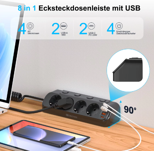 Stekkerdoos met Individuele Schakelaars en USB-A enamp; USB-C – 4 Stopcontacten met 2 m Verlengsnoer voor Bureau en Thuis