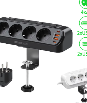 Stekkerdoos met Individuele Schakelaars en USB-A enamp; USB-C – 4 Stopcontacten met 2 m Verlengsnoer voor Bureau en Thuis