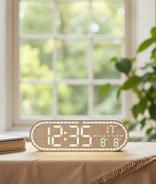 LED Digitale Wandklok met Temperatuur, Datum, Week en 2 Alarmen – Houtstijl, Helderheidsaanpassing, Timer en Snooze, USB-voeding