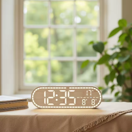 LED Digitale Wandklok met Temperatuur, Datum, Week en 2 Alarmen – Houtstijl, Helderheidsaanpassing, Timer en Snooze, USB-voeding