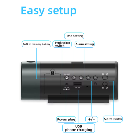 Digitale Projectie Wekker met 180° Draaibare Projector en LED Display – Dubbel Alarm en Snooze