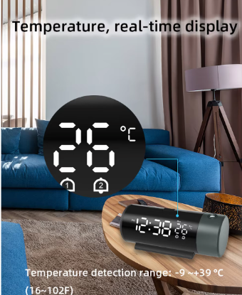 Digitale Projectie Wekker met 180° Draaibare Projector en LED Display – Dubbel Alarm en Snooze