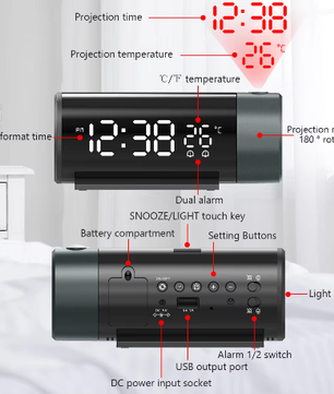 Digitale Projectie Wekker met 180° Draaibare Projector en LED Display – Dubbel Alarm en Snooze