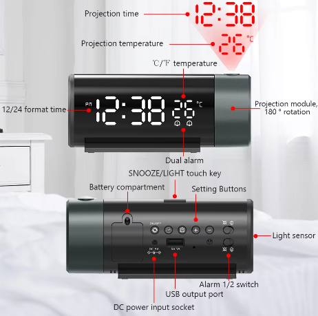 Digitale Projectie Wekker met 180° Draaibare Projector en LED Display – Dubbel Alarm en Snooze