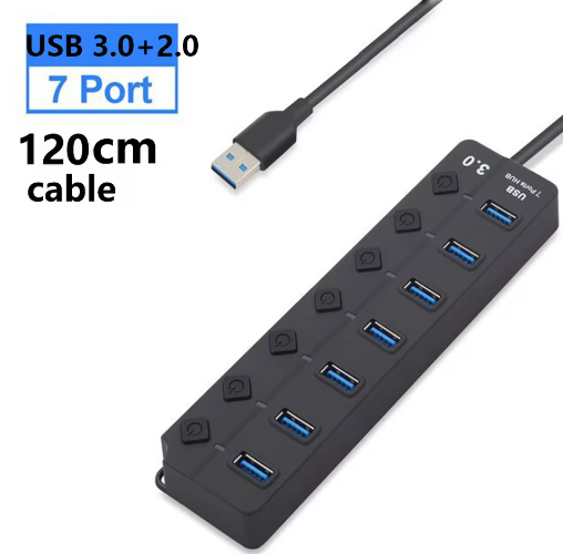 USB 3.0 Hub 7-Poorts met Schakelaars en Voedingsondersteuning – High Speed Splitter 5Gbps
