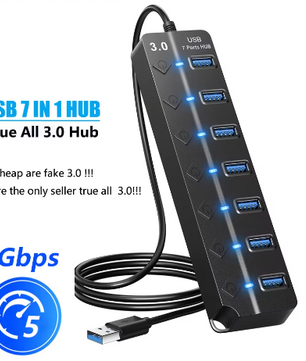 USB 3.0 Hub 7-Poorts met Schakelaars en Voedingsondersteuning – High Speed Splitter 5Gbps