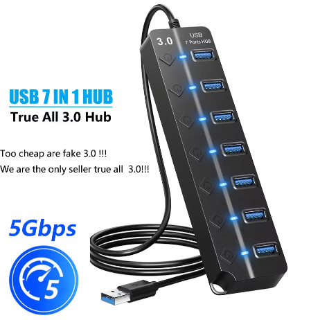 USB 3.0 Hub 7-Poorts met Schakelaars en Voedingsondersteuning – High Speed Splitter 5Gbps