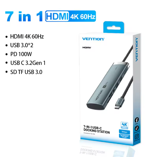 USB-C Hub 7-in-1 met 4K 60Hz HDMI, USB 3.0, SD/TF en PD 100W – Multifunctioneel Docking Station