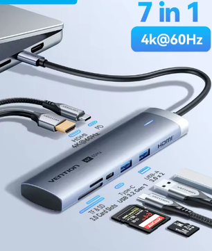 USB-C Hub 7-in-1 met 4K 60Hz HDMI, USB 3.0, SD/TF en PD 100W – Multifunctioneel Docking Station