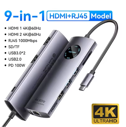 10-in-1 USB-C Hub met 4K 60Hz HDMI, DisplayPort, RJ45 en PD 100W – Multifunctioneel Docking Station
