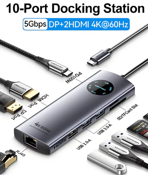 10-in-1 USB-C Hub met 4K 60Hz HDMI, DisplayPort, RJ45 en PD 100W – Multifunctioneel Docking Station