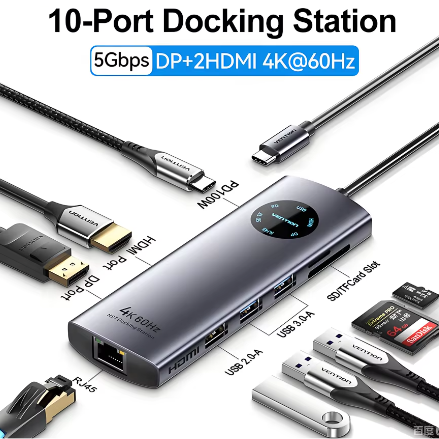 10-in-1 USB-C Hub met 4K 60Hz HDMI, DisplayPort, RJ45 en PD 100W – Multifunctioneel Docking Station