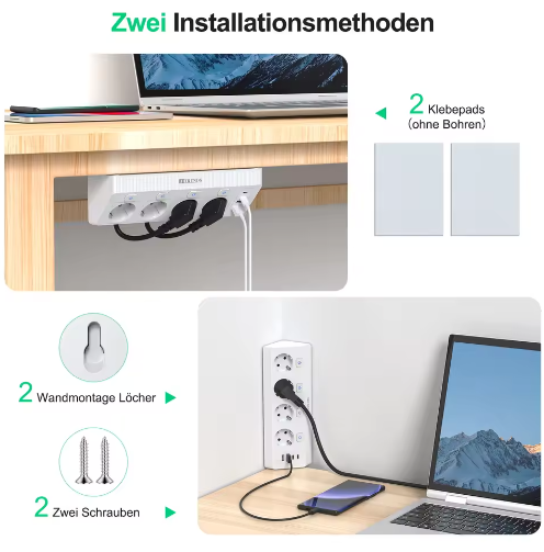 Desktop Stekkerdoos met USB en Individuele Schakelaars – 2 m Verlengsnoer