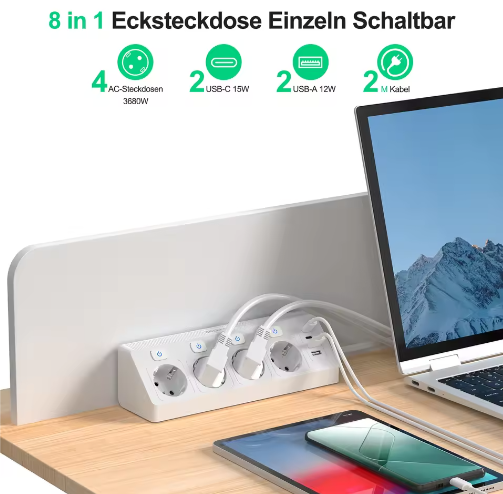 Desktop Stekkerdoos met USB en Individuele Schakelaars – 2 m Verlengsnoer