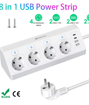 Desktop Stekkerdoos met USB en Individuele Schakelaars – 2 m Verlengsnoer