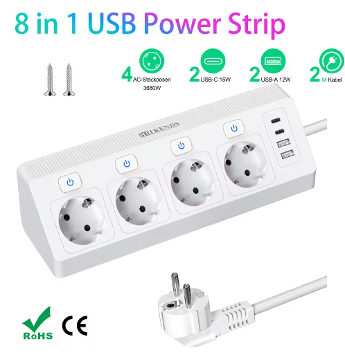 Desktop Stekkerdoos met USB en Individuele Schakelaars – 2 m Verlengsnoer