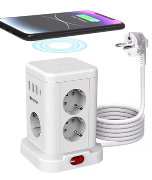 Stekkerdoos met Draadloos Opladen en USB – Desktop Stopcontact met 2 m Kabel