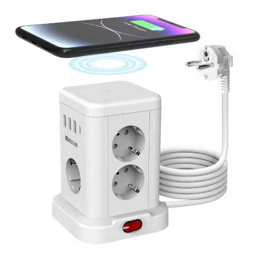 Stekkerdoos met Draadloos Opladen en USB – Desktop Stopcontact met 2 m Kabel