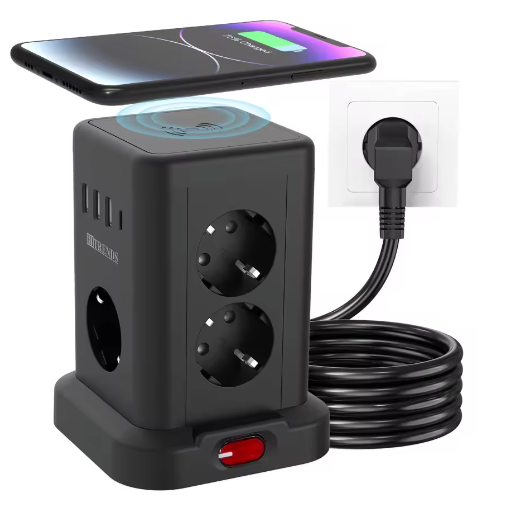 Stekkerdoos met Draadloos Opladen en USB – Desktop Stopcontact met 2 m Kabel