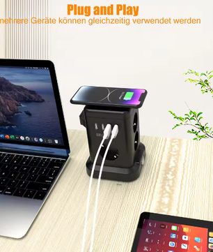 Stekkerdoos met Draadloos Opladen en USB – Desktop Stopcontact met 2 m Kabel