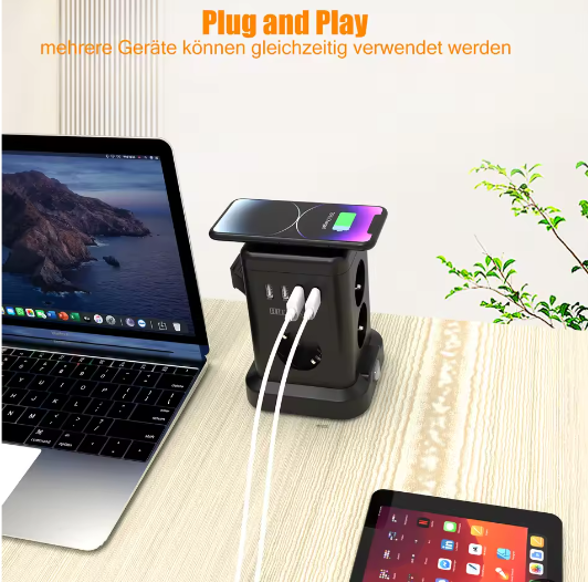 Stekkerdoos met Draadloos Opladen en USB – Desktop Stopcontact met 2 m Kabel