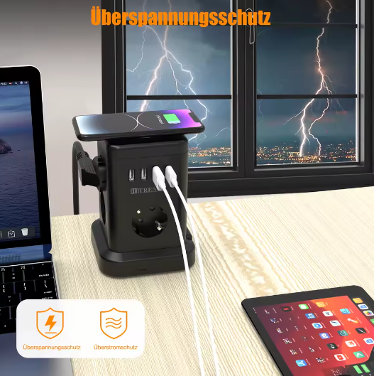 Stekkerdoos met Draadloos Opladen en USB – Desktop Stopcontact met 2 m Kabel