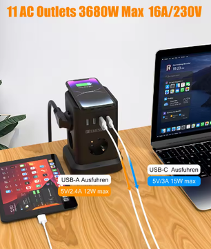 Stekkerdoos met Draadloos Opladen en USB – Desktop Stopcontact met 2 m Kabel