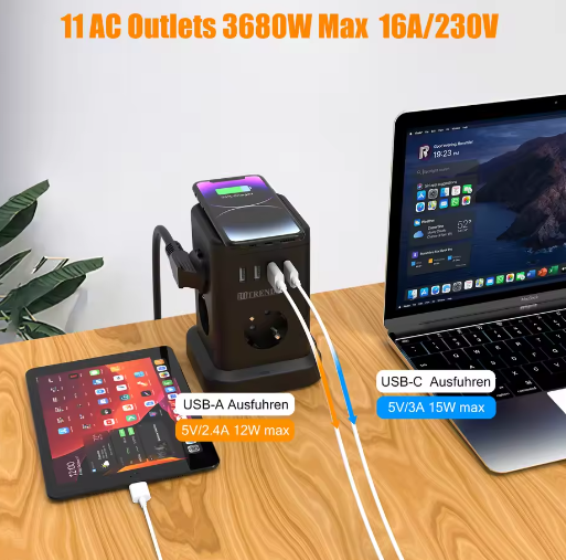 Stekkerdoos met Draadloos Opladen en USB – Desktop Stopcontact met 2 m Kabel