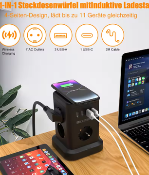 Stekkerdoos met Draadloos Opladen en USB – Desktop Stopcontact met 2 m Kabel